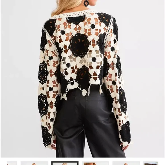 C29- Luxe Women’s Large Luxe Black and Cream Floral Crochet Blouse - Picture 3 of 9
